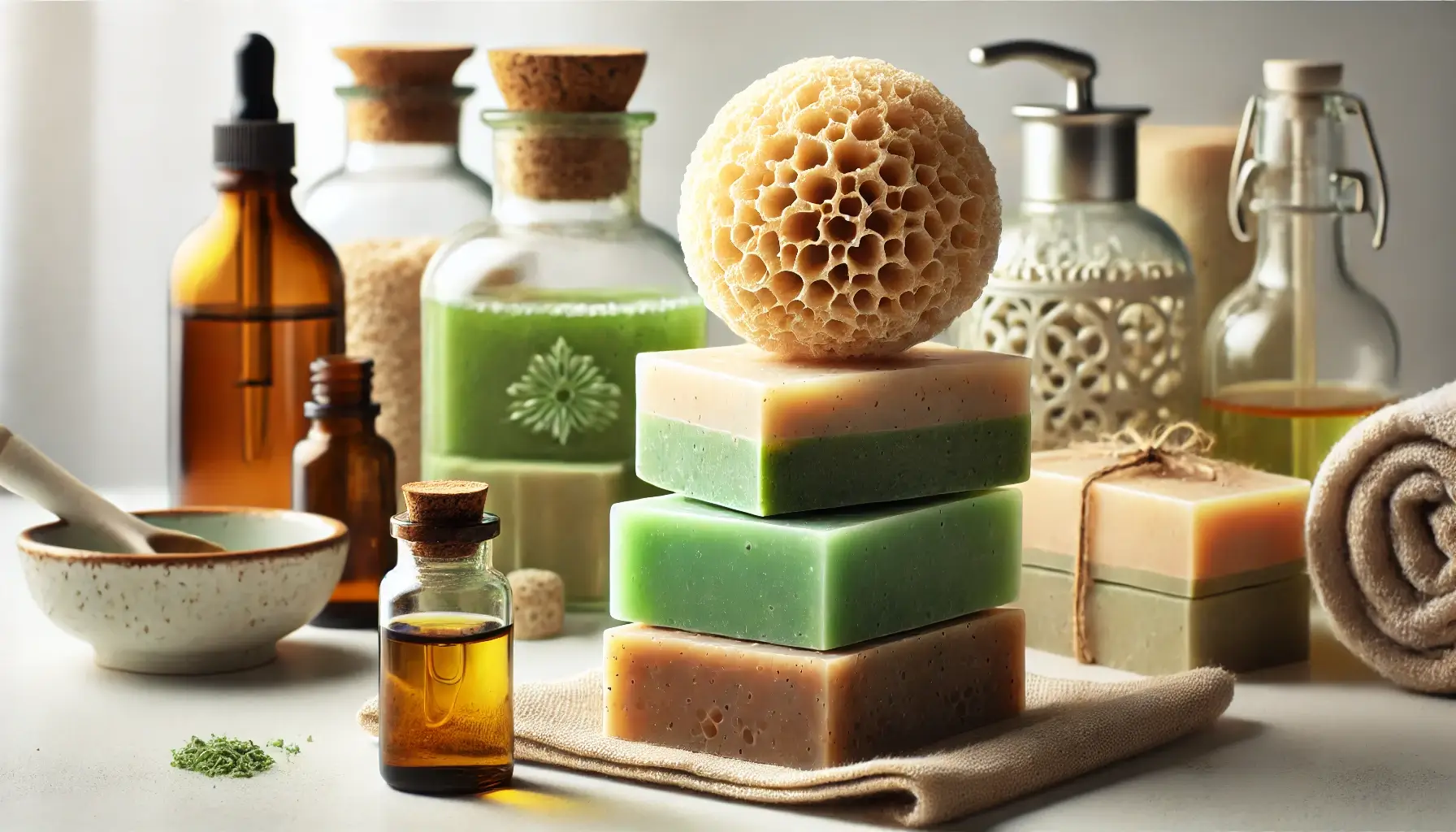 Handmade soaps, essential oils, and a natural sponge