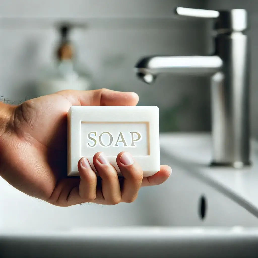 Hand holding white organic soap