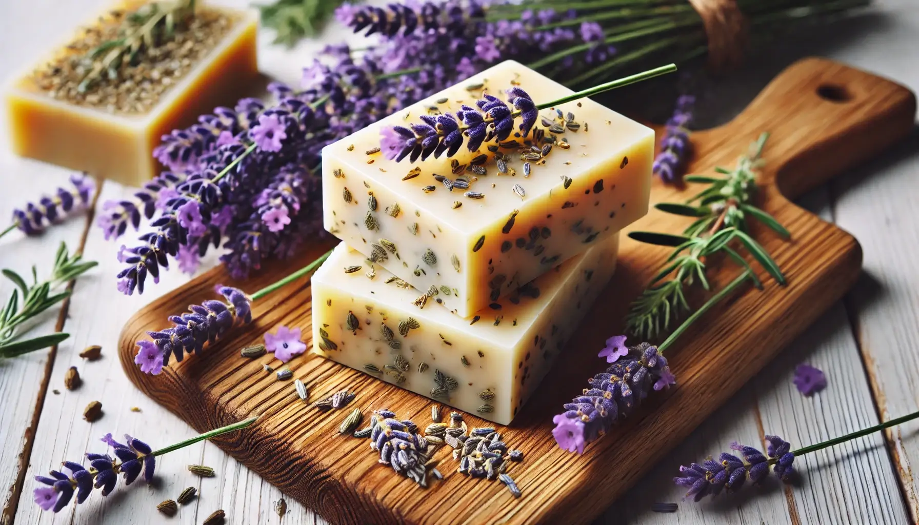 Organic soap bars on a wooden board with lavender flowers and herbs