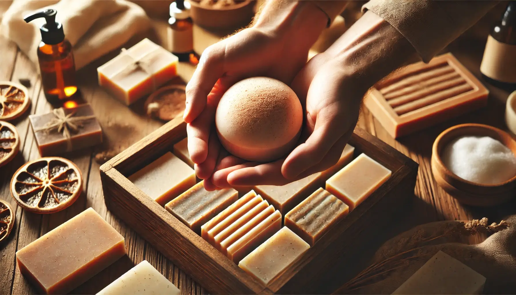 Round organic soaps being handpicked from a wooden box