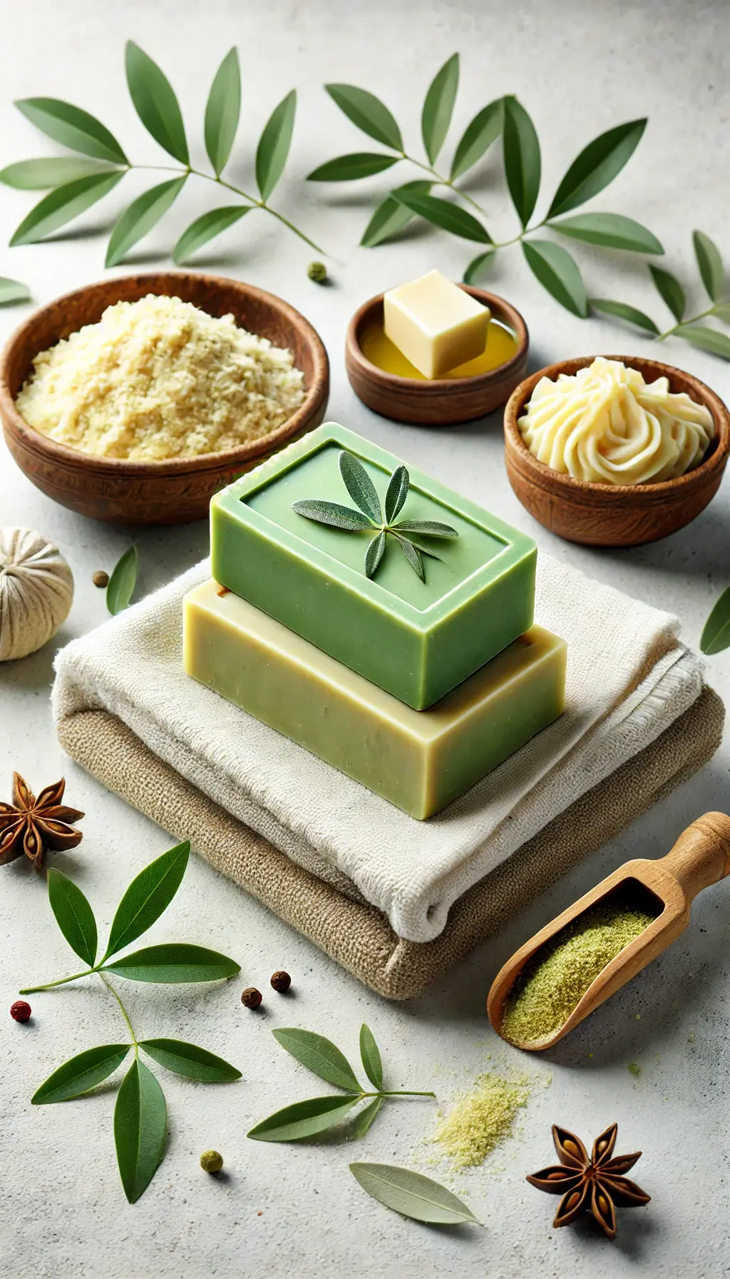 Green organic soap stacked with natural ingredients